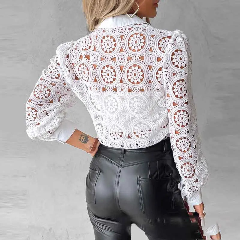 White Lace Patchwork Blouse - Long Sleeve Vintage Shirt for Women