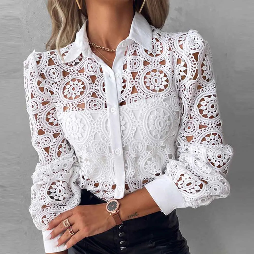 White Lace Patchwork Blouse - Long Sleeve Vintage Shirt for Women