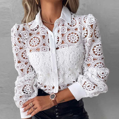 White Lace Patchwork Blouse - Long Sleeve Vintage Shirt for Women