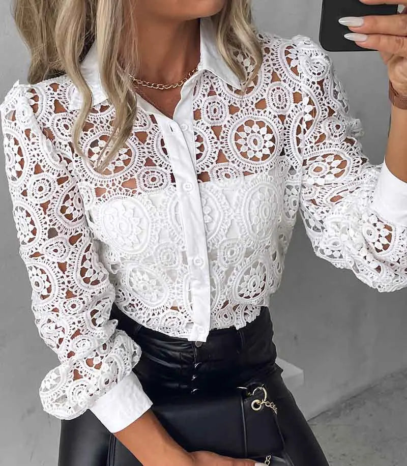 White Lace Patchwork Blouse - Long Sleeve Vintage Shirt for Women